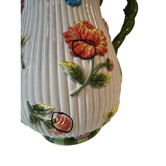 FITZ AND FLOYD Floral Ceramic Pitcher Braided Handle Embossed 3D Flowers As Is - Picture 6 of 9